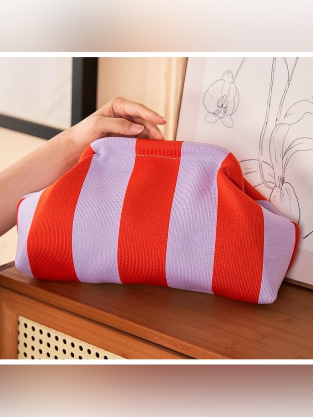 NEW Striped Woven Dumpling Clutch Bag  Lilac Purple & Coral